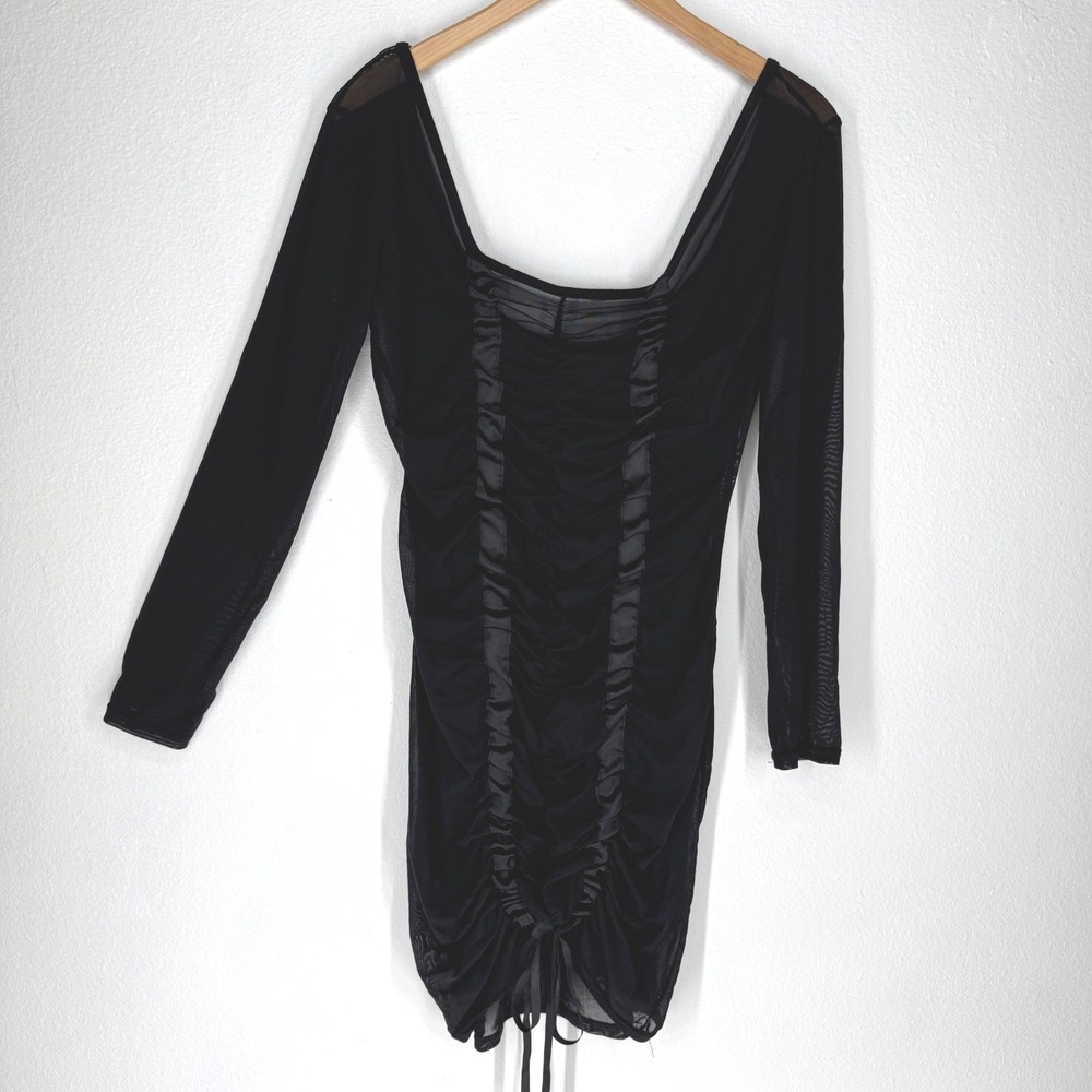 Womens Black‎ Sheer Mesh Ruched Tie Long Sleeve Bodycon Mini Dress Medium Goth